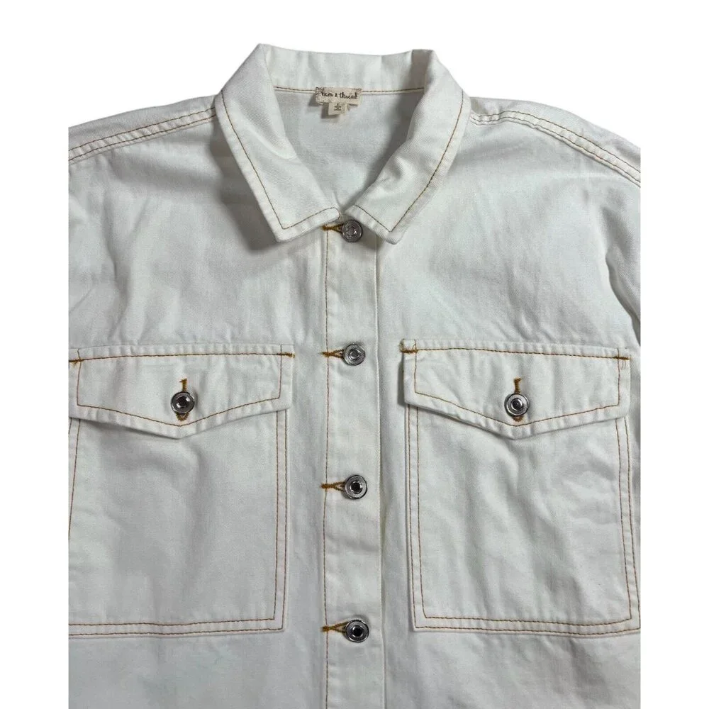 ANTHROPOLOGIE Hem & thread white jean jacket Frayed Hem 100% Cotton Size Large - Picture 6 of 10